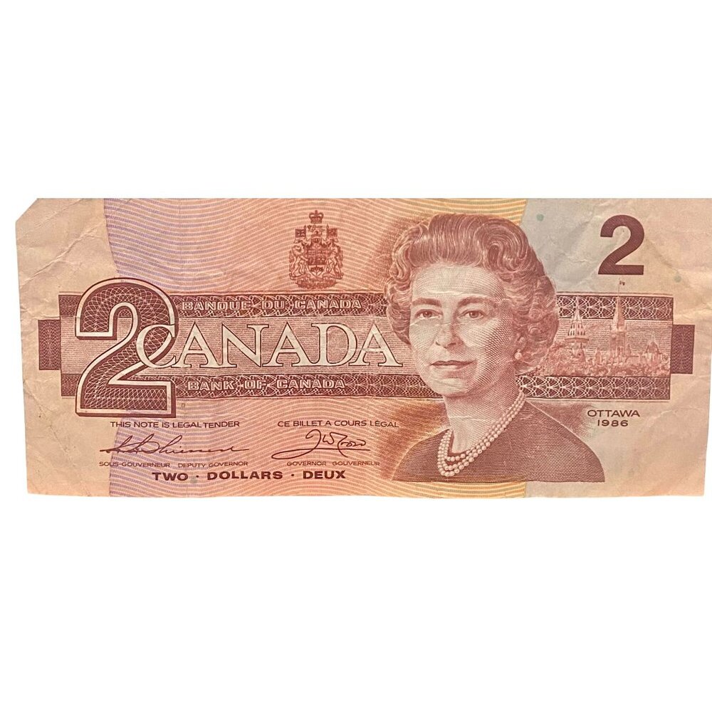 1986 Canadian $2 Banknote Featuring Queen Elizabeth II & American Robin Design S